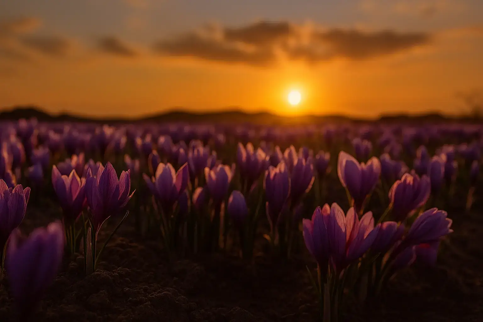 Violette Safranblüten im warmen Abendlicht
