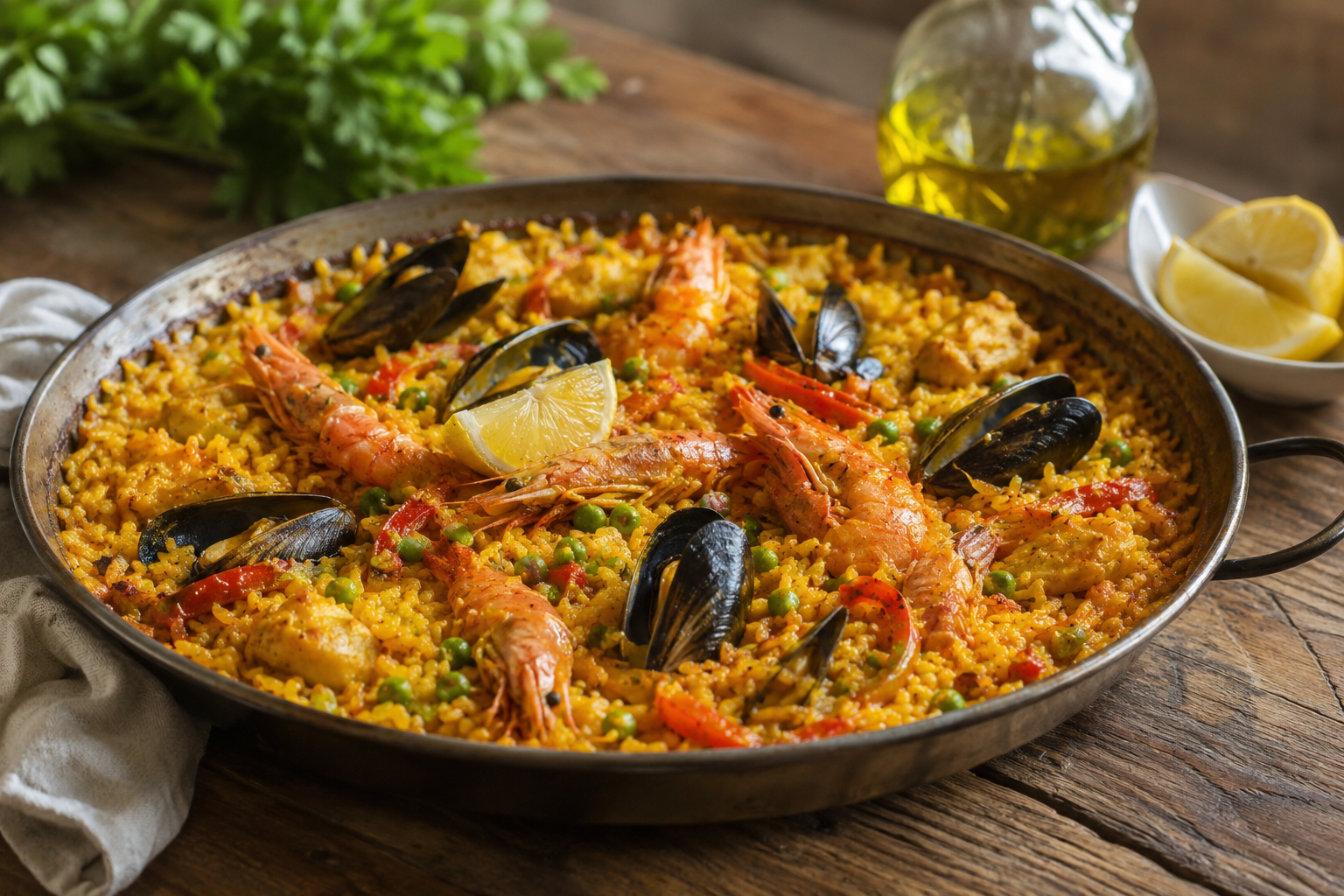 Golden saffron paella with rice, vegetables, chicken and seafood
