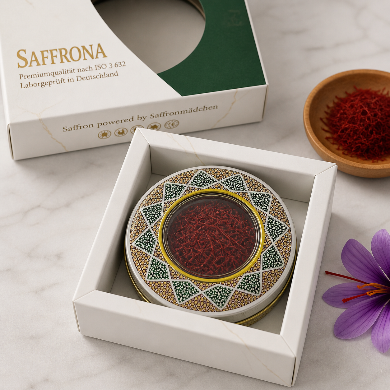 Open Saffrona saffron gift tin Open Saffrona saffron gift tin showing deep-red Afghan saffron threads