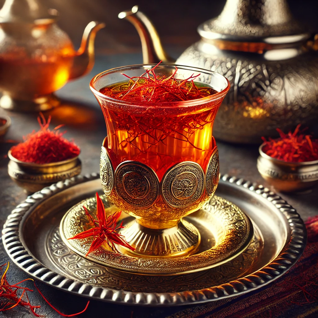 A glass of golden saffron tea with mint