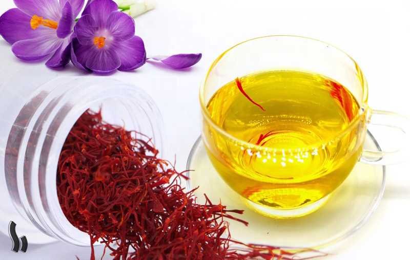 Clear golden saffron tea made from saffron threads without tea leaves