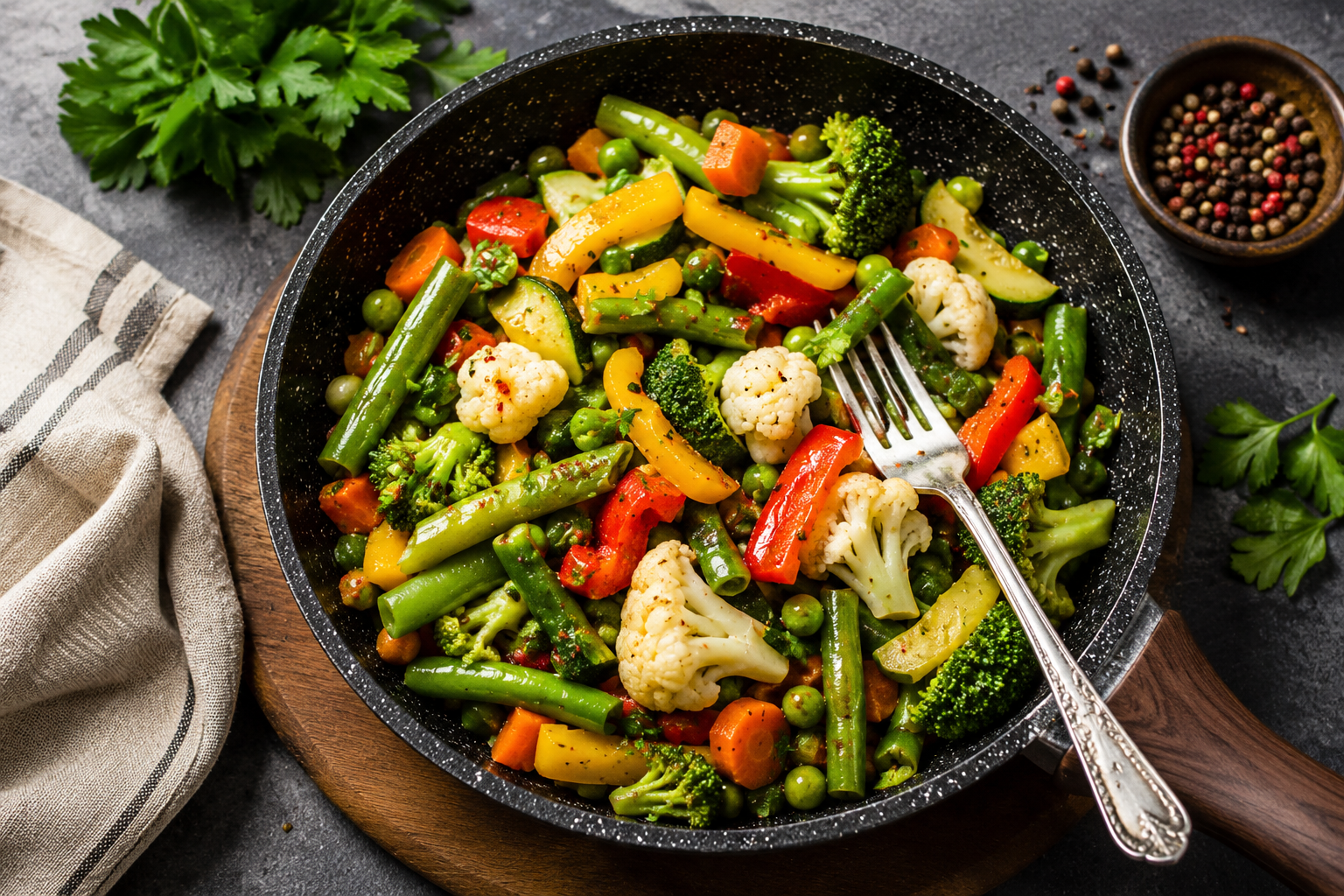 Colourful Mediterranean vegetables cooked in a skillet with saffron