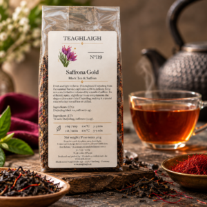 Saffrona Golden Darjeeling with saffron: 40 g pack beside a cup of tea and saffron threads