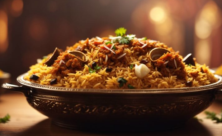 Indisches Biryani mit Safran und Huhn – goldgelber Basmatireis mit Gewürzen, Joghurt und frischen Kräutern in Schale serviert.