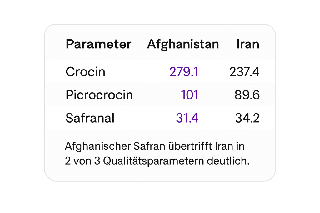 Qualitätsvergleich von Afghanischem und iranischem Safran basierend auf Crocin-, Picrocrocin- und Safranal-Werten aus wissenschaftlichen Laboranalysen.