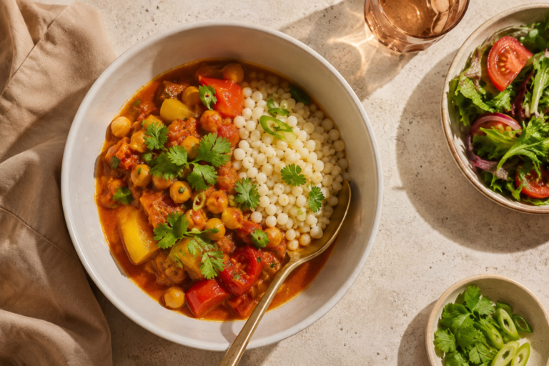 Veganes Kichererbsen-Gemüsegericht mit Afghanischem Safran, Couscous und frischen Kräutern