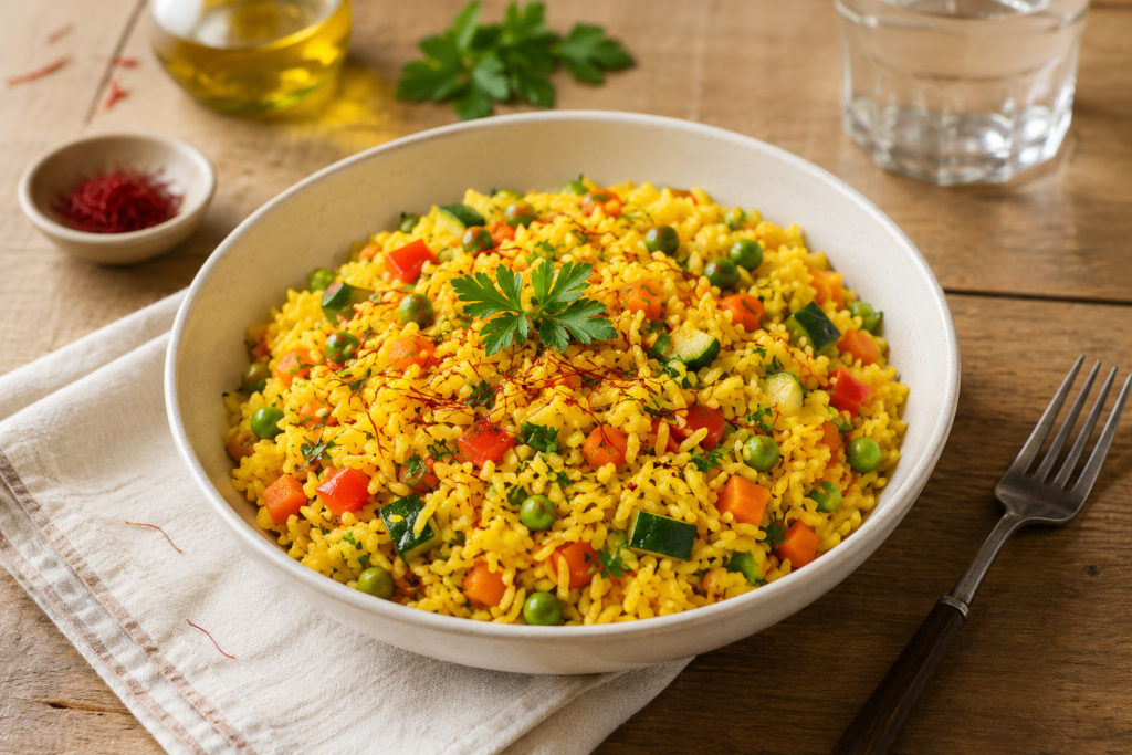 Vegetarischer Safranreis mit Gemüse und Afghanischem Safran in einer Keramikschüssel – aromatisches Safran Rezept für die moderne Küche