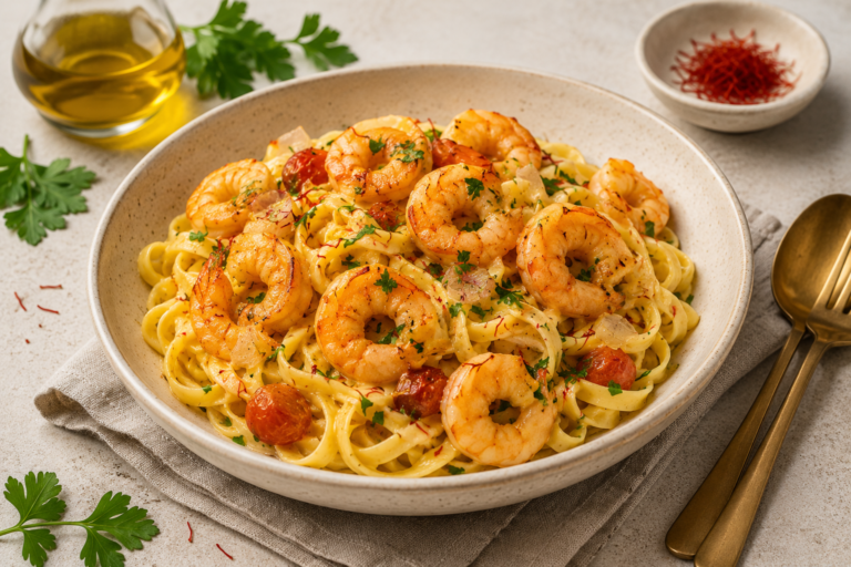 Garnelen mit Safran – cremige Pasta mit Garnelen und Afghanischem Safran, schnelles 20-Minuten-Rezept für ein elegantes Abendessen