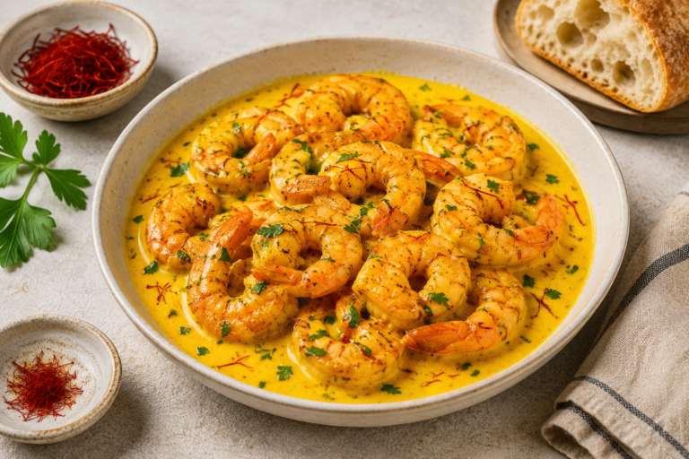 Garnelen mit Safran – cremige Safrangarnelen mit Afghanischem Safran und feiner Sauce, mediterranes Hauptgericht in wenigen Minuten