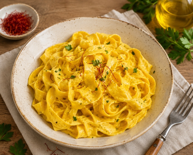 Safran-Pasta in 15 Minuten – goldgelbe Pasta mit Afghanischem Safran und feiner Safransauce, schnelles Rezept für die moderne Küche