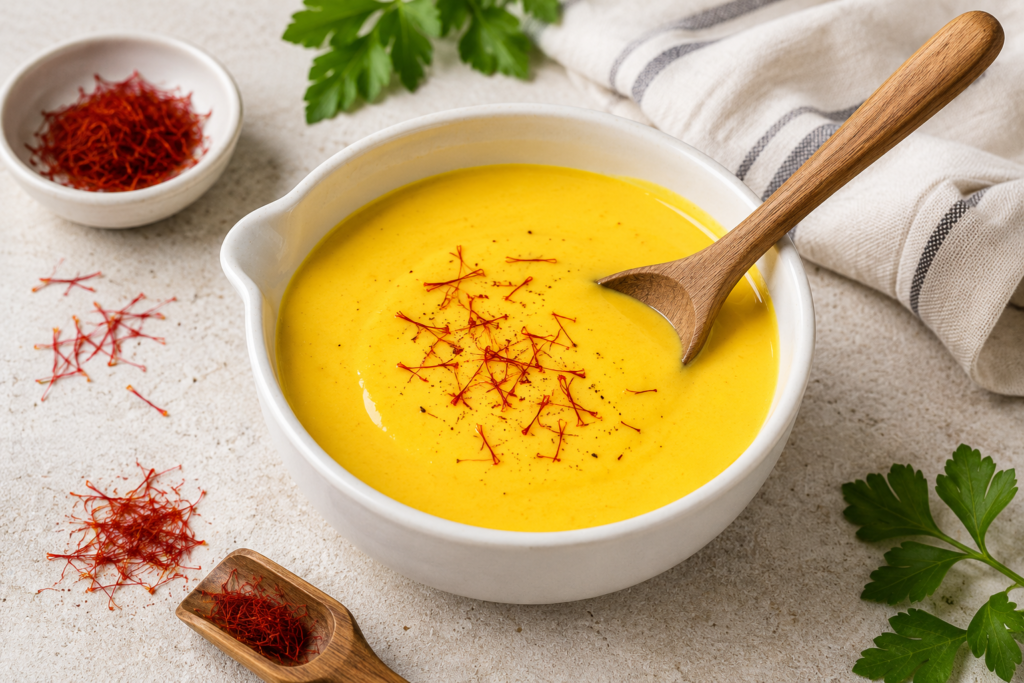 Safran-Sauce Grundrezept – cremige Safransauce mit Afghanischem Safran und echten Safranfäden als Basis für Fisch, Fleisch und Gemüsegerichte